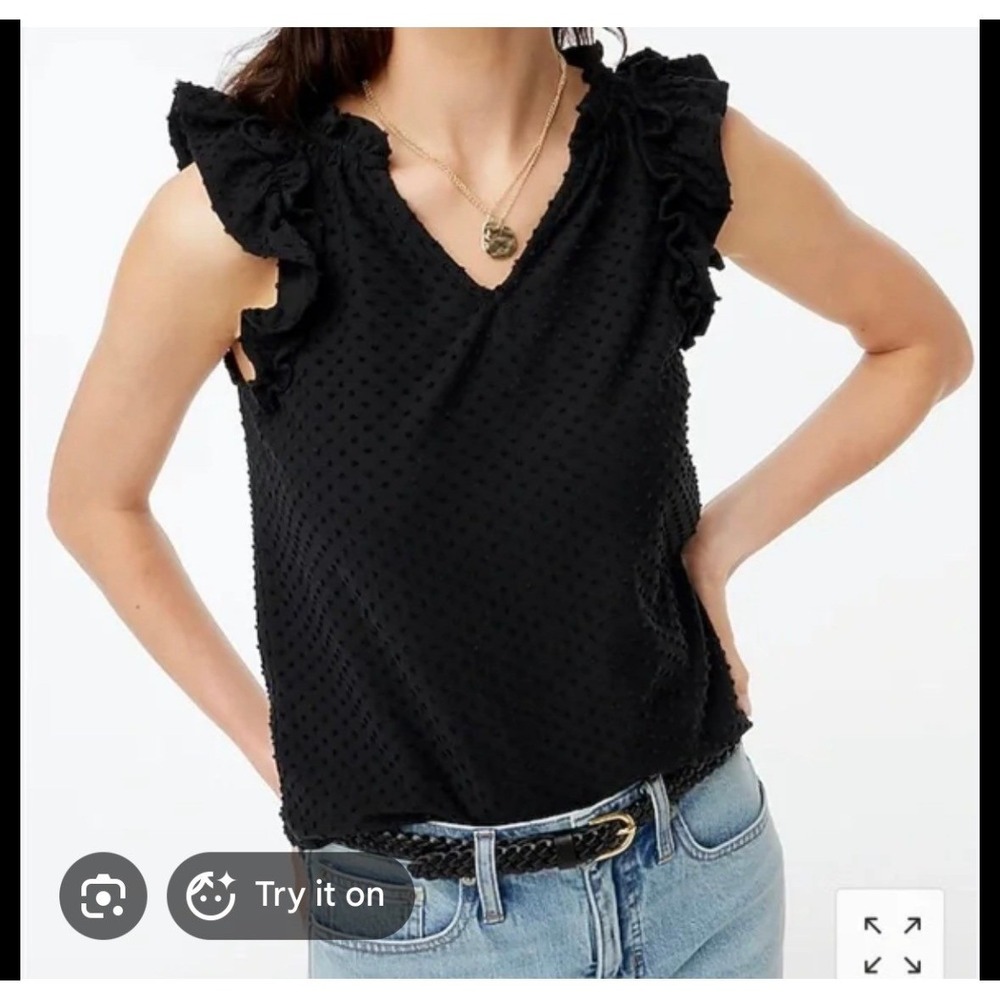 J.Crew Swiss Dot Ruffle Top Womens 3X Black Excellent Sleeveless V-Neck BQ129